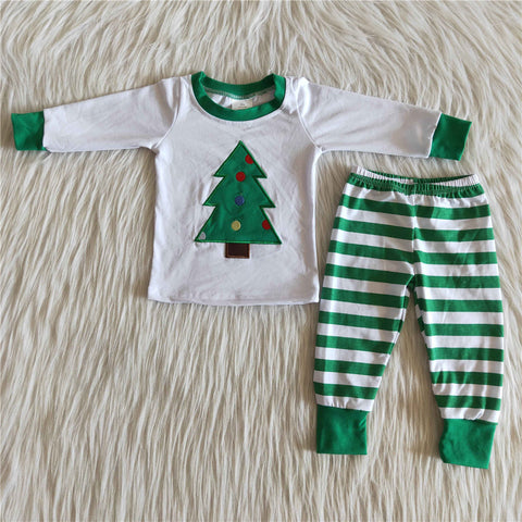 6 A28-15 Kid boy winter emboridery tree cute white green stripe pajamas christmas outfit set-promotion 2023.11.11