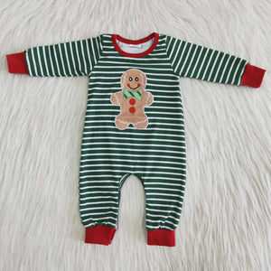 6 A27-2 baby boy clothes embroidery green stripe christmas romper