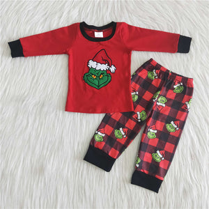 Boy red long sleeve emboridrey pajamas christmas outfit