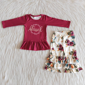 6 A16-28 girl dark red blessed floral winter long sleeve set-promotion 7.17