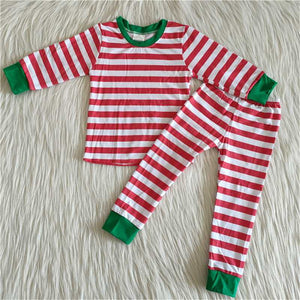 boy 100% cotton green stripe pajamas winter outfit set