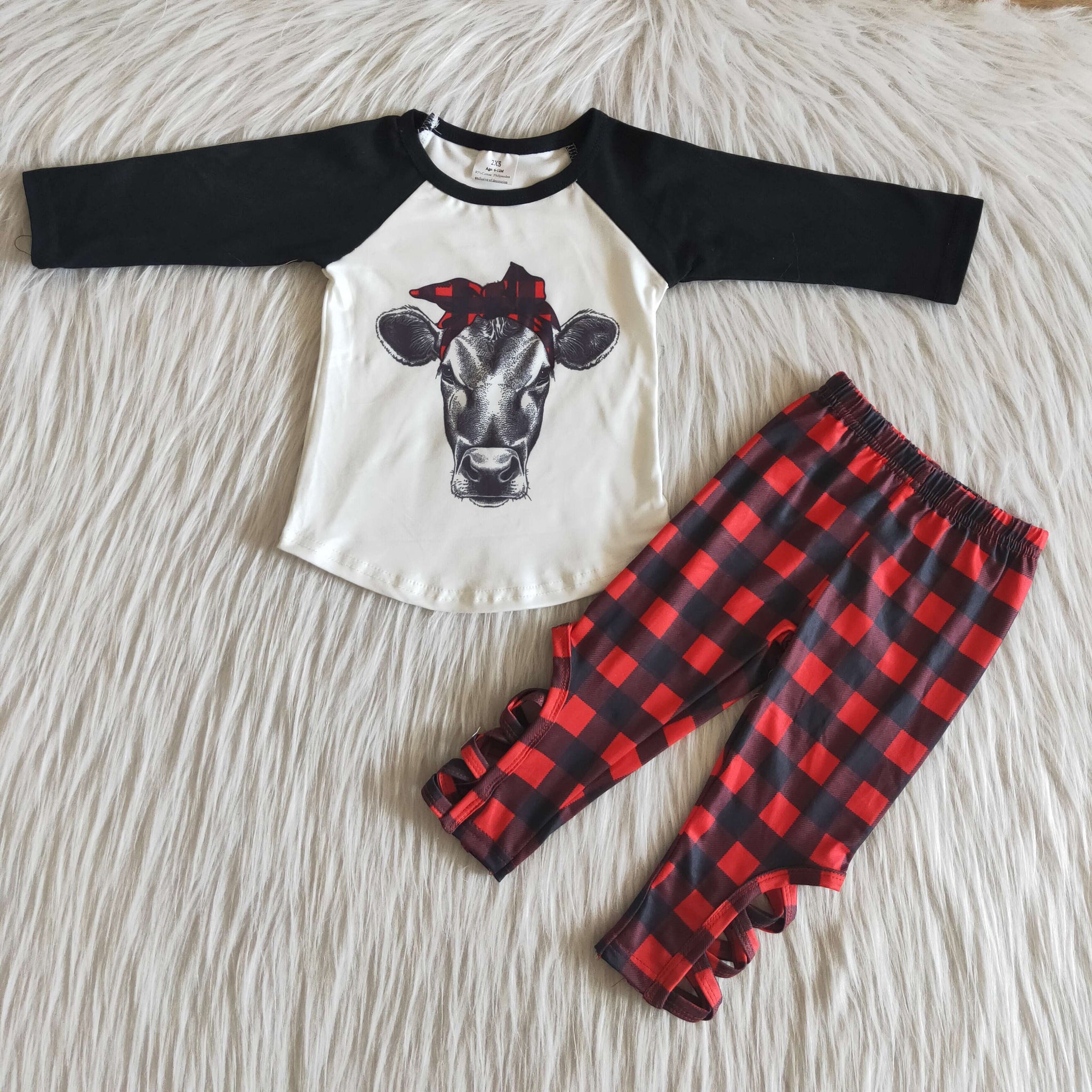 girl black shirt with cow red plaid pants long sleeve set