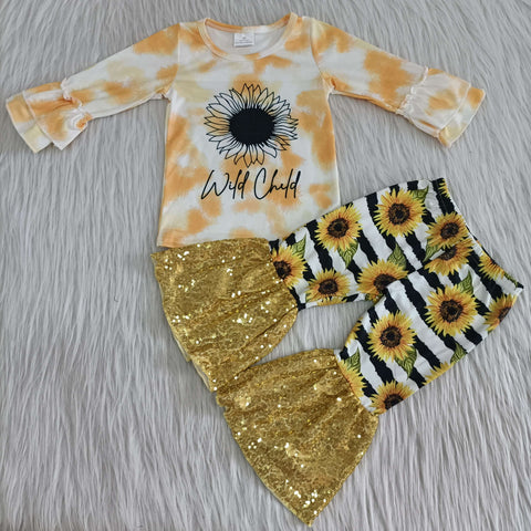 6 A10-13 girl sunflower yellow sequin wild child winter long sleeve set-promotion 2023.8.21