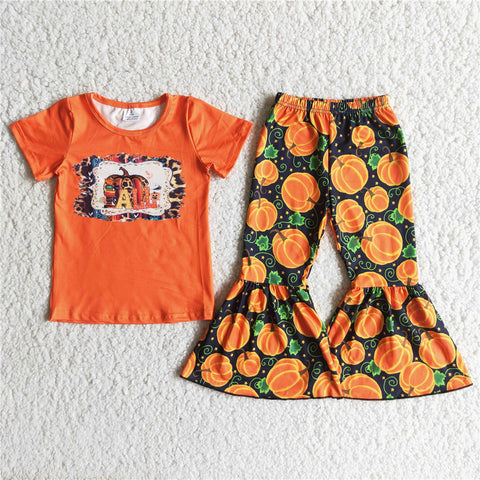B6-1 girl pumpkin orange halloween short sleeve set-promotion 2023.9.11