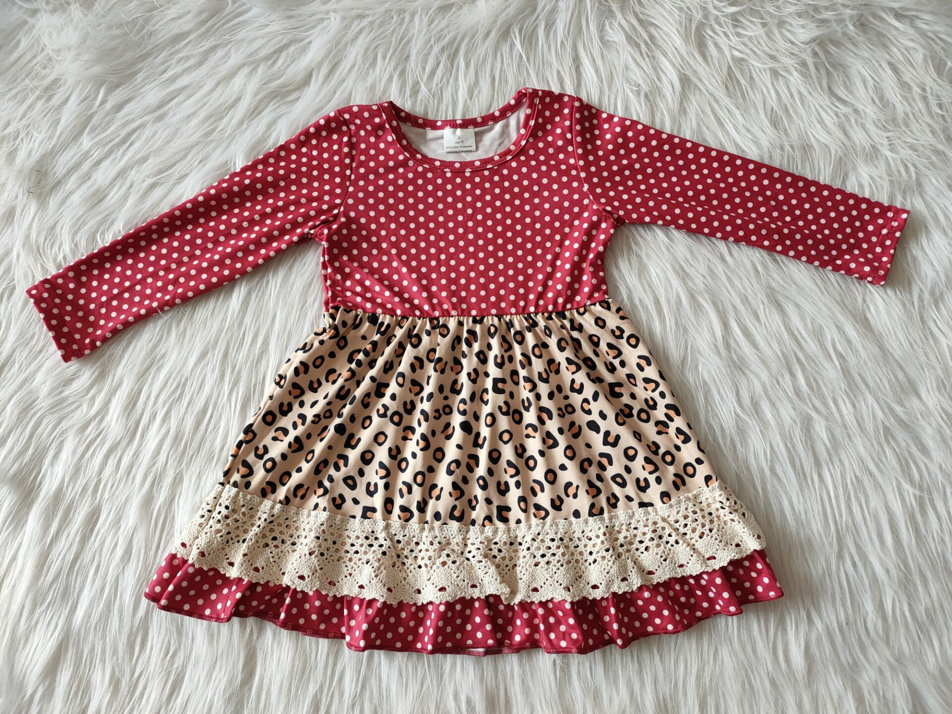 girl red dot leopard lace long sleeve dress