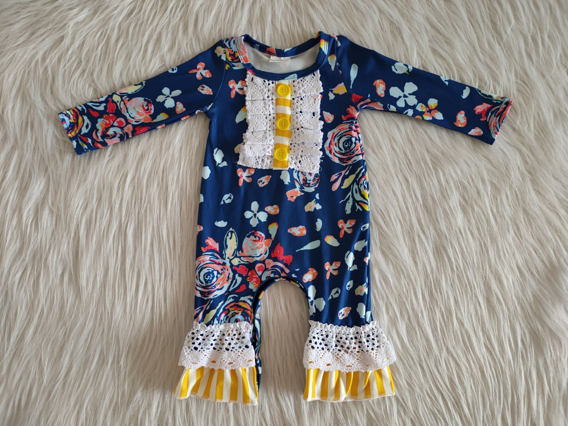 6 A26-3 girl navy floral yellow stripe winter long sleeve romper-promotion 2023.12.9