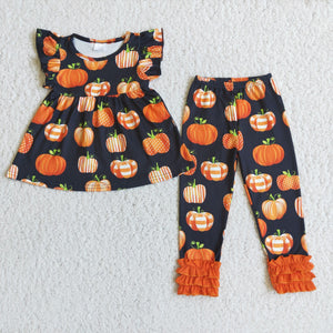 girl halloween flutter sleeve black pumpkin set