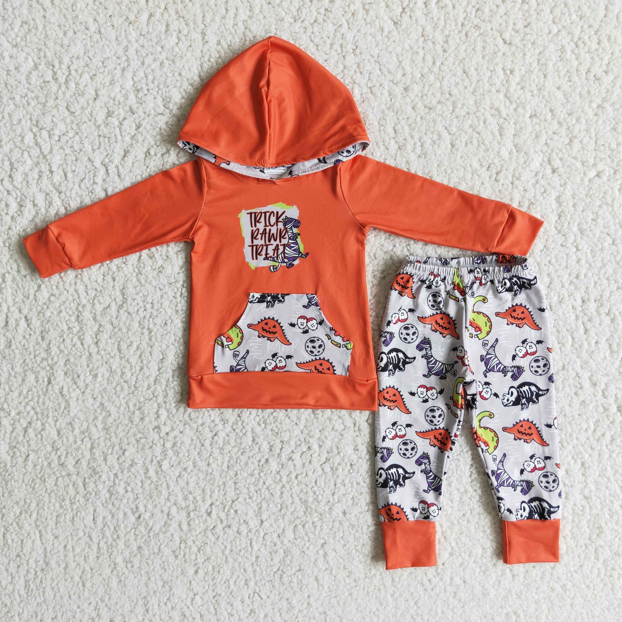 6 B9-4 boy cute orange dinosaur hoodies long sleeve set-promotion 2023.9.16