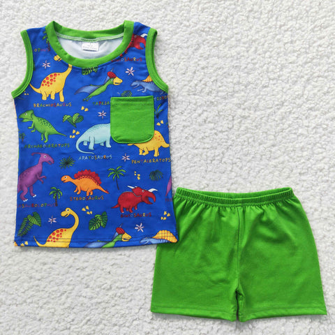 BSSO0234 baby boy clothes green dinosaur girl summer outfit