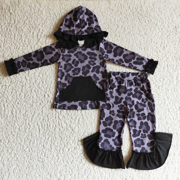 GLP0255 designer clothes girl black leopard hoodies set