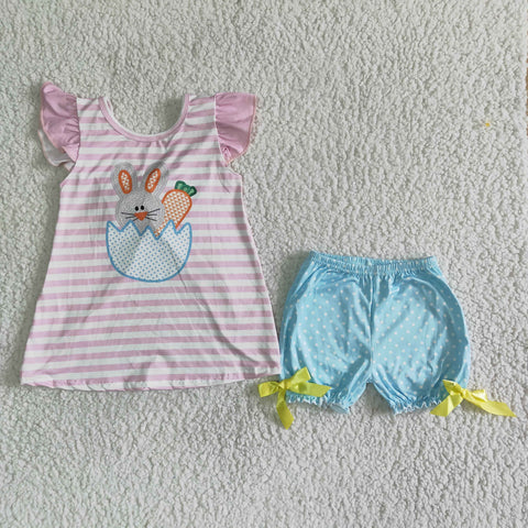 C0-28  girl clothes pink stripe bunny easter flutter sleeve set-promotion 2024.1.13