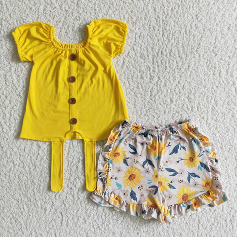 GSSO0035 girl clothing summer yellow buttons girl summer shorts set