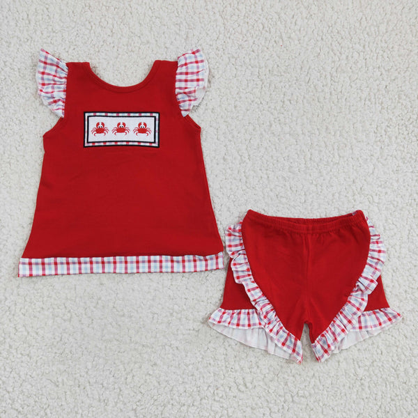GSSO0142 kids clothes girls summer red crab embroidery outfits