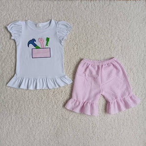 B3-1 girl summer emboridery July 4th woven shorts set-promotion 2024.3.2 $5.5