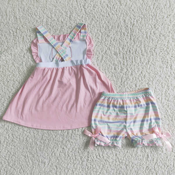 GSSO0012 girl clothes summer emboridery popsicle  pink set