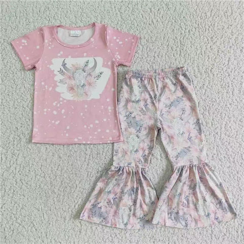 GSPO0072 girl pink cow fall spring short sleeve set