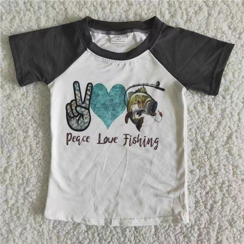 B17-3 toddler boy clothes peace love fishing summer tshirt -promotion $2.99 2024.4.13