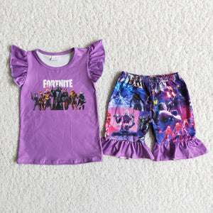girl purple cartoon flutter sleeve summer set
