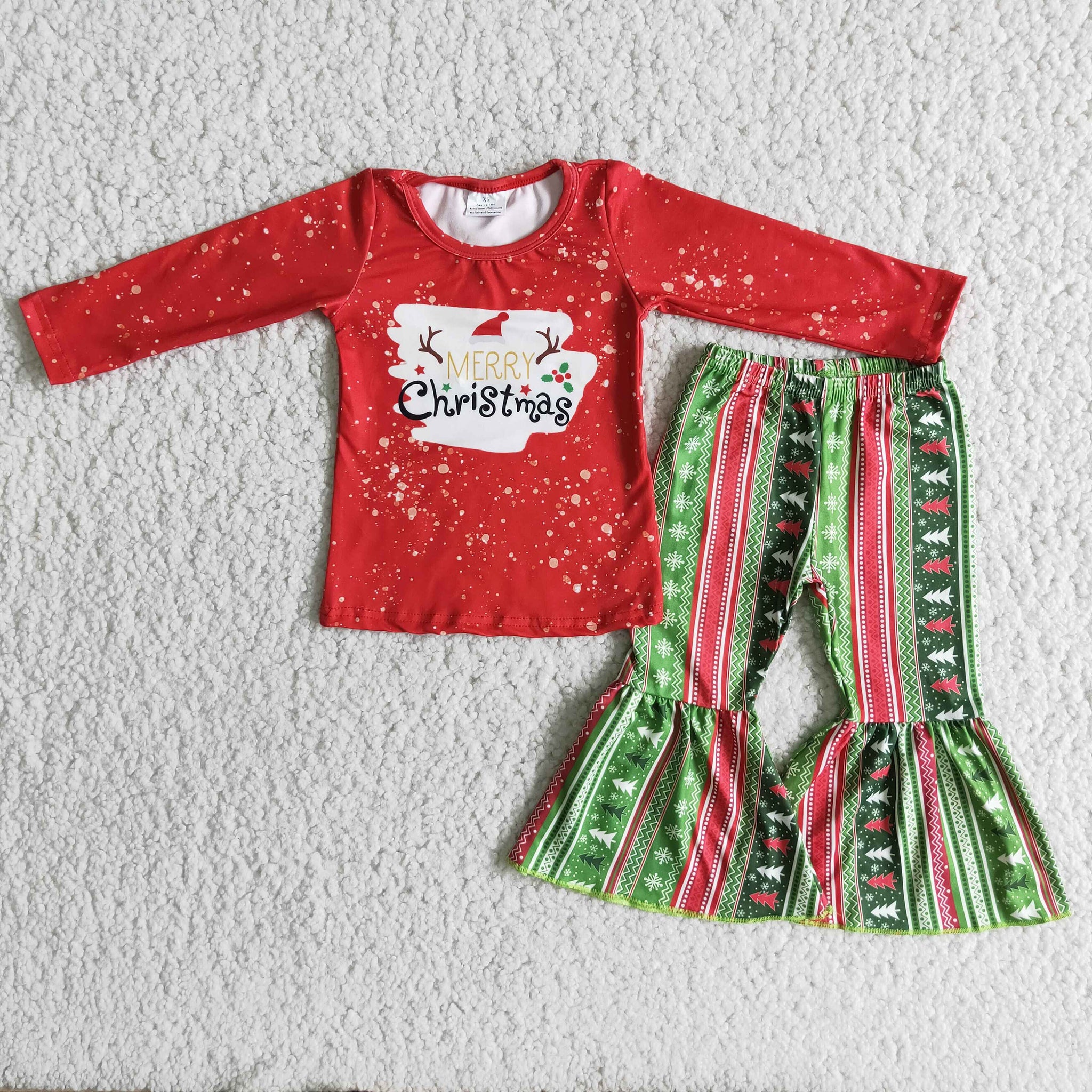 6 A18-18 Girl winter red Christmas longe sleeve green stripe set outfit - promotion 2023.10.14