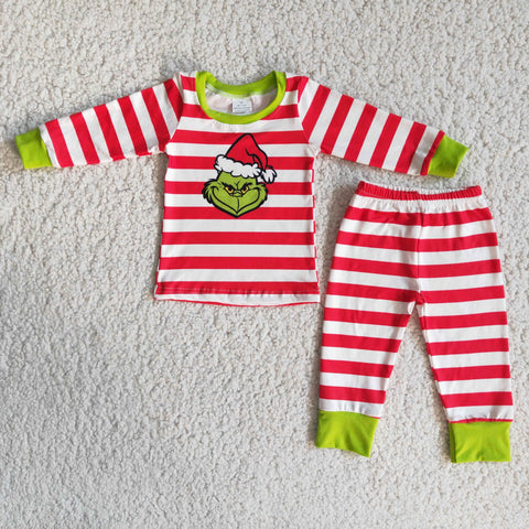 Boy red stripe christmas  long sleeve pajamas outfit set