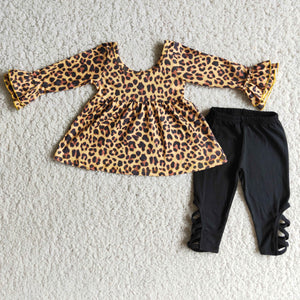 6 B6-40  Girl leopard tunic with black pants winter long sleeve set-promotion 2023.11.25