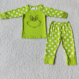 Boy green dot Christmas pajamas winter long sleeve set outfit