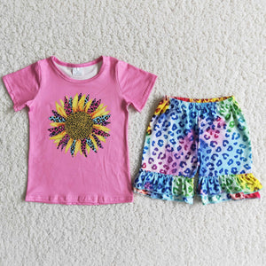 D11-11 kids clothes girls sunflower leopard summer outfits