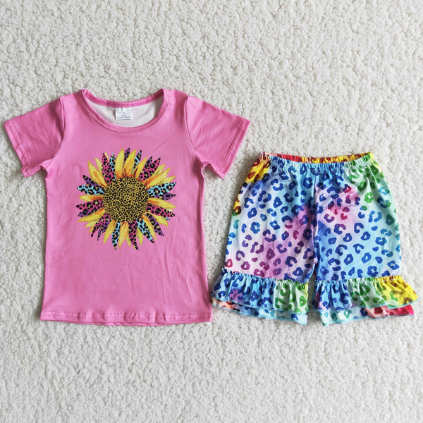 D11-11 kids clothes girls sunflower leopard summer outfits
